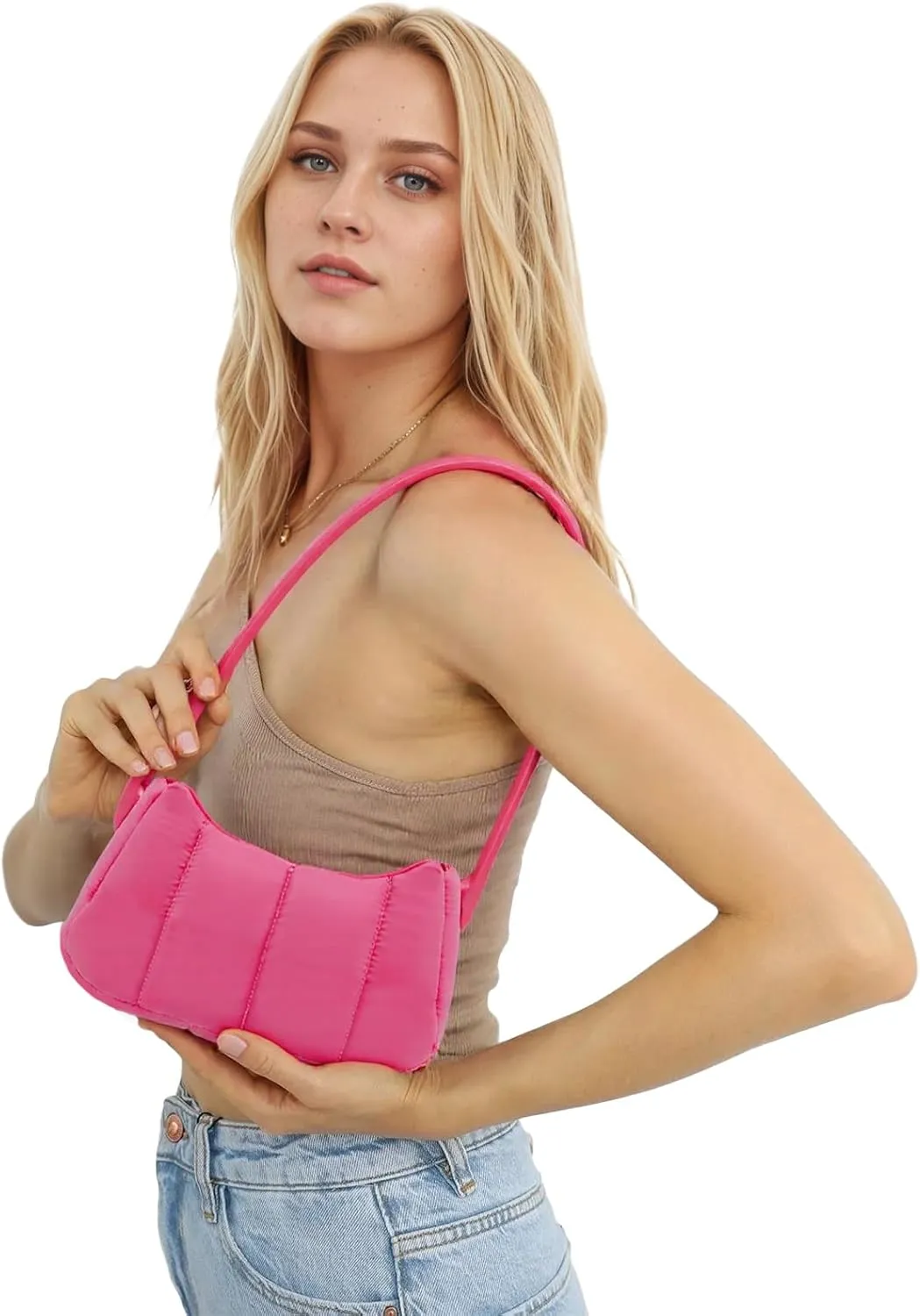 Shoulder Bag for Women Y2K Purse Puffy Nylon Small Shoulder Handbags Rubber Handle Clutch Underarm Purse