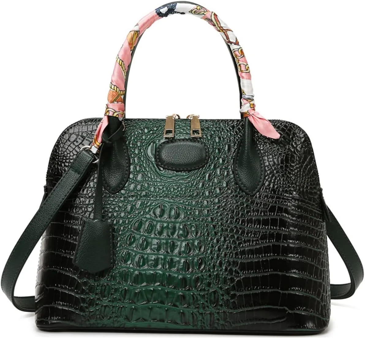 Shoulder Bag Women’s Vegan Leather Purse Crocodile-Embossed Pattern With Silk Scarf Top Handle Satchel Large Handbag