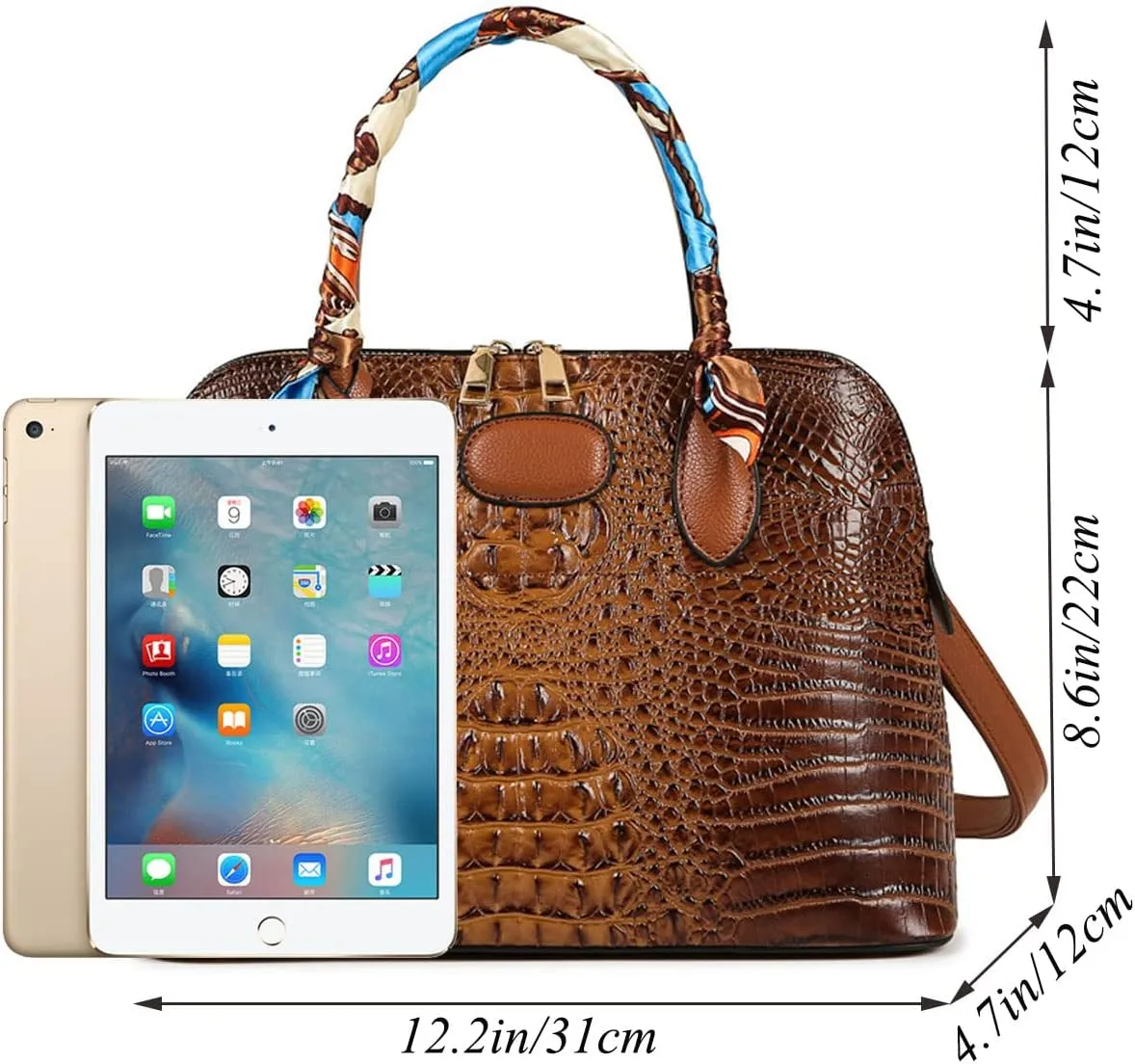 Shoulder Bag Women’s Vegan Leather Purse Crocodile-Embossed Pattern With Silk Scarf Top Handle Satchel Large Handbag