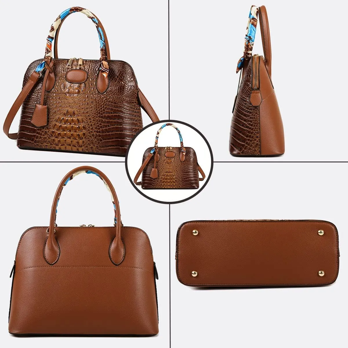 Shoulder Bag Women’s Vegan Leather Purse Crocodile-Embossed Pattern With Silk Scarf Top Handle Satchel Large Handbag