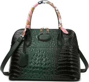 Shoulder Bag Women’s Vegan Leather Purse Crocodile-Embossed Pattern With Silk Scarf Top Handle Satchel Large Handbag