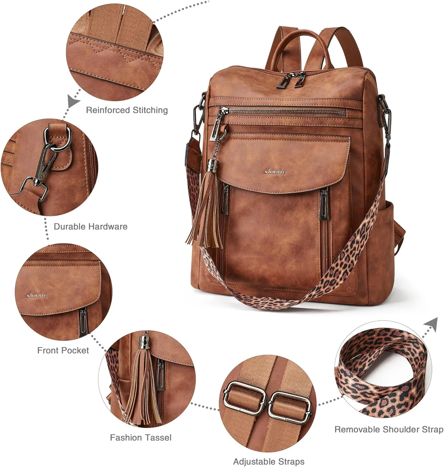 Shrrie Backpack Purse for Women Fashion Leather Backpack Purse Designer Travel Backpack Convertible Shoulder Bag with Wristlet