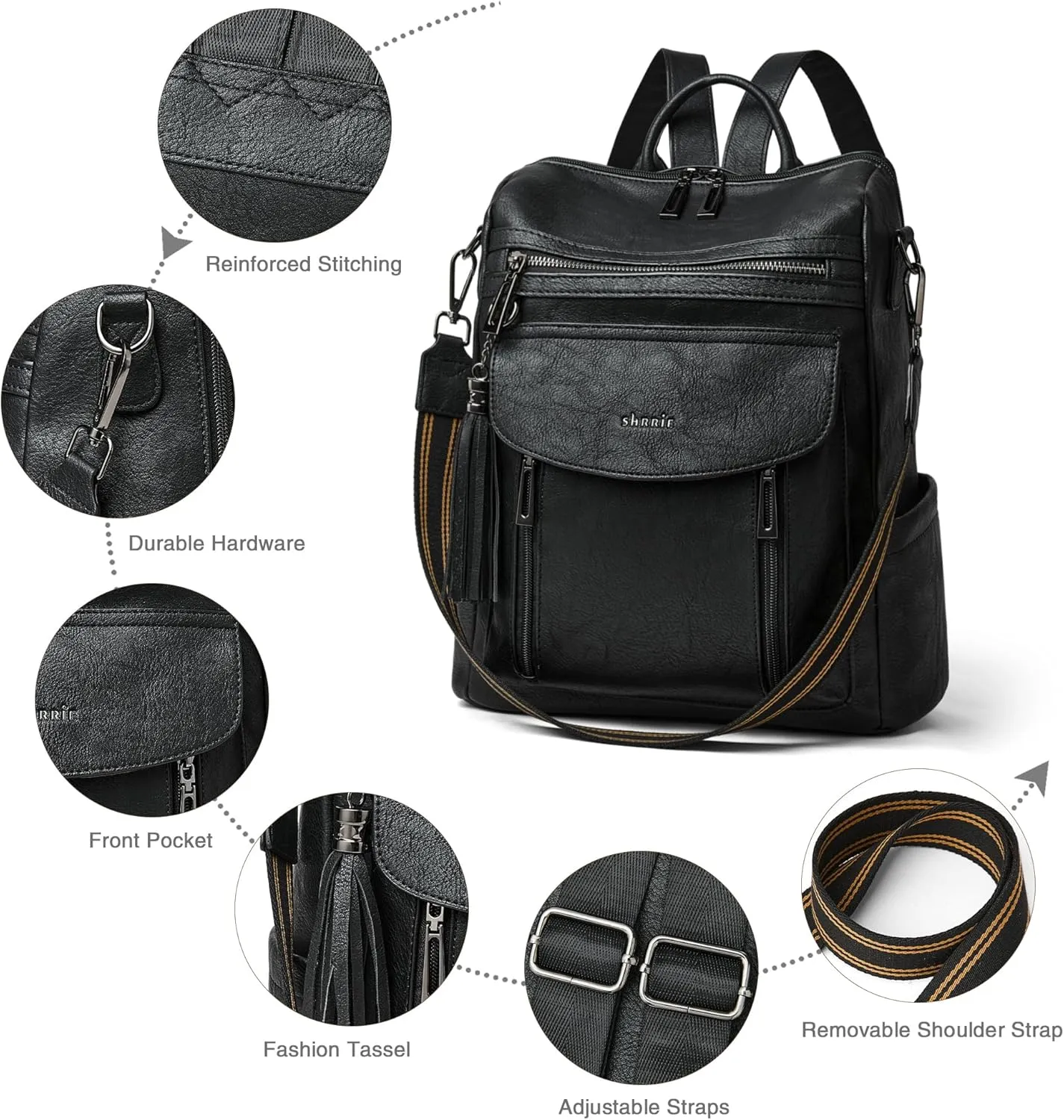 Shrrie Backpack Purse for Women Fashion Leather Backpack Purse Designer Travel Backpack Convertible Shoulder Bag with Wristlet