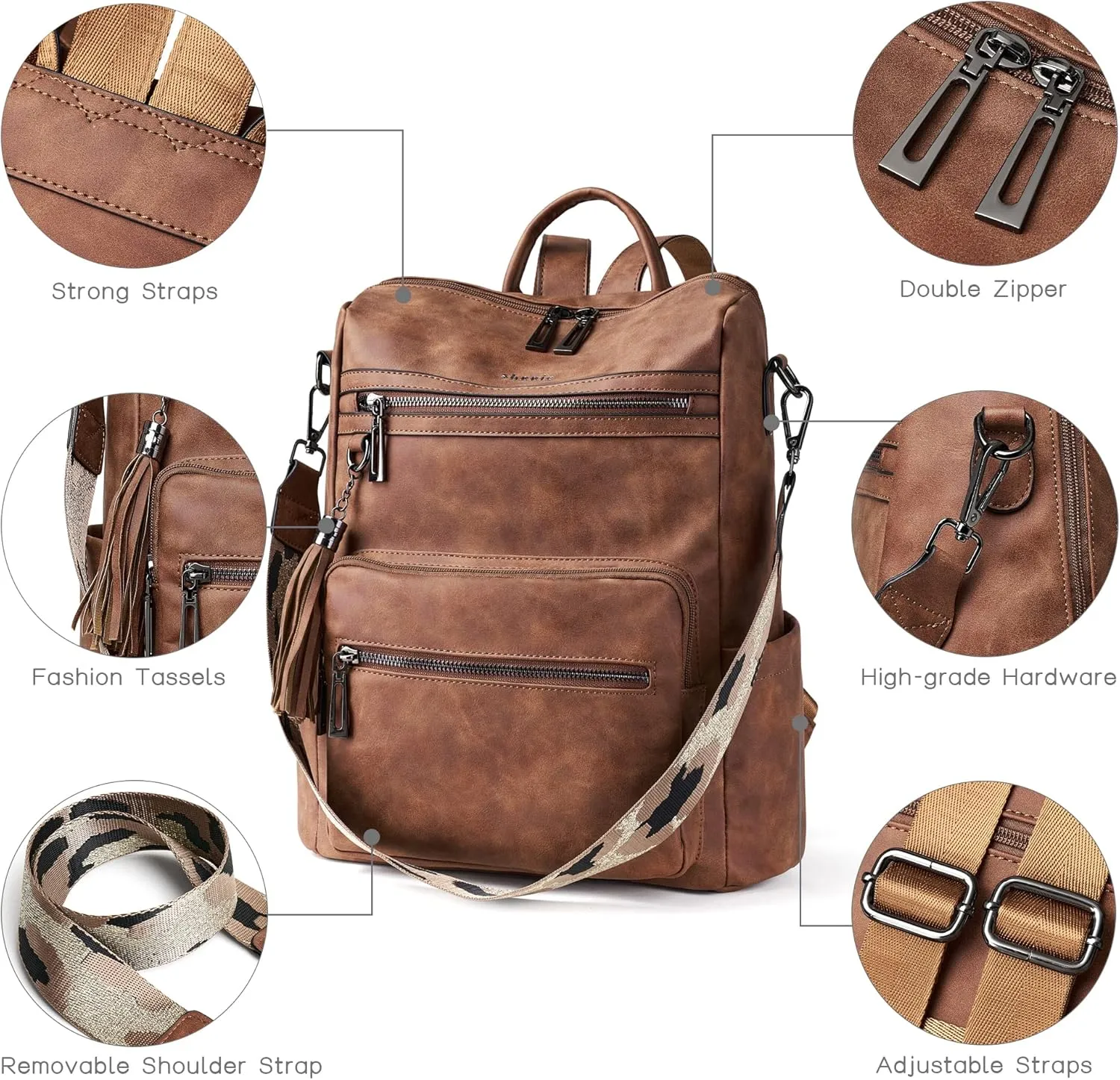 Shrrie Backpack Purse for Women Leather Fashion Designer Backpack Convertible Shoulder Satchel Bag for Travel College Work