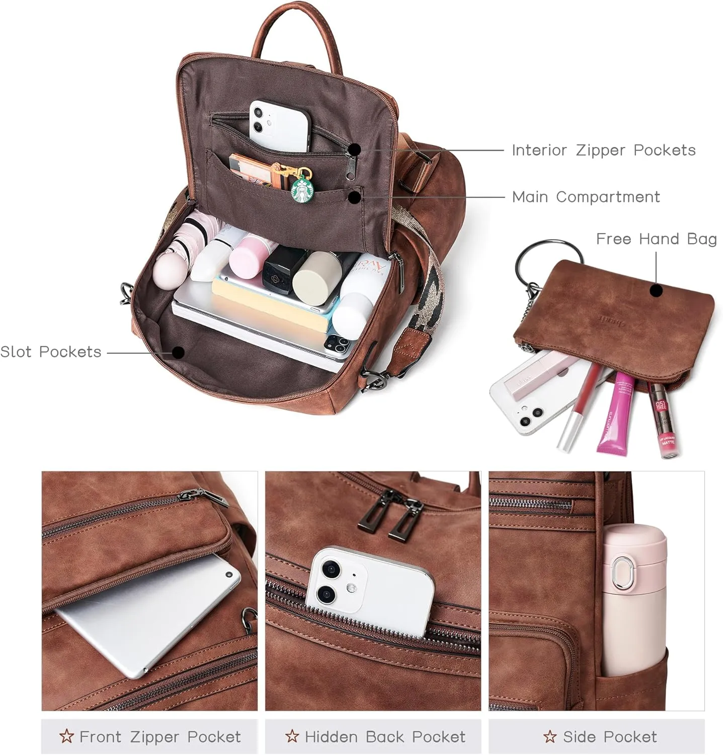 Shrrie Backpack Purse for Women Leather Fashion Designer Backpack Convertible Shoulder Satchel Bag for Travel College Work