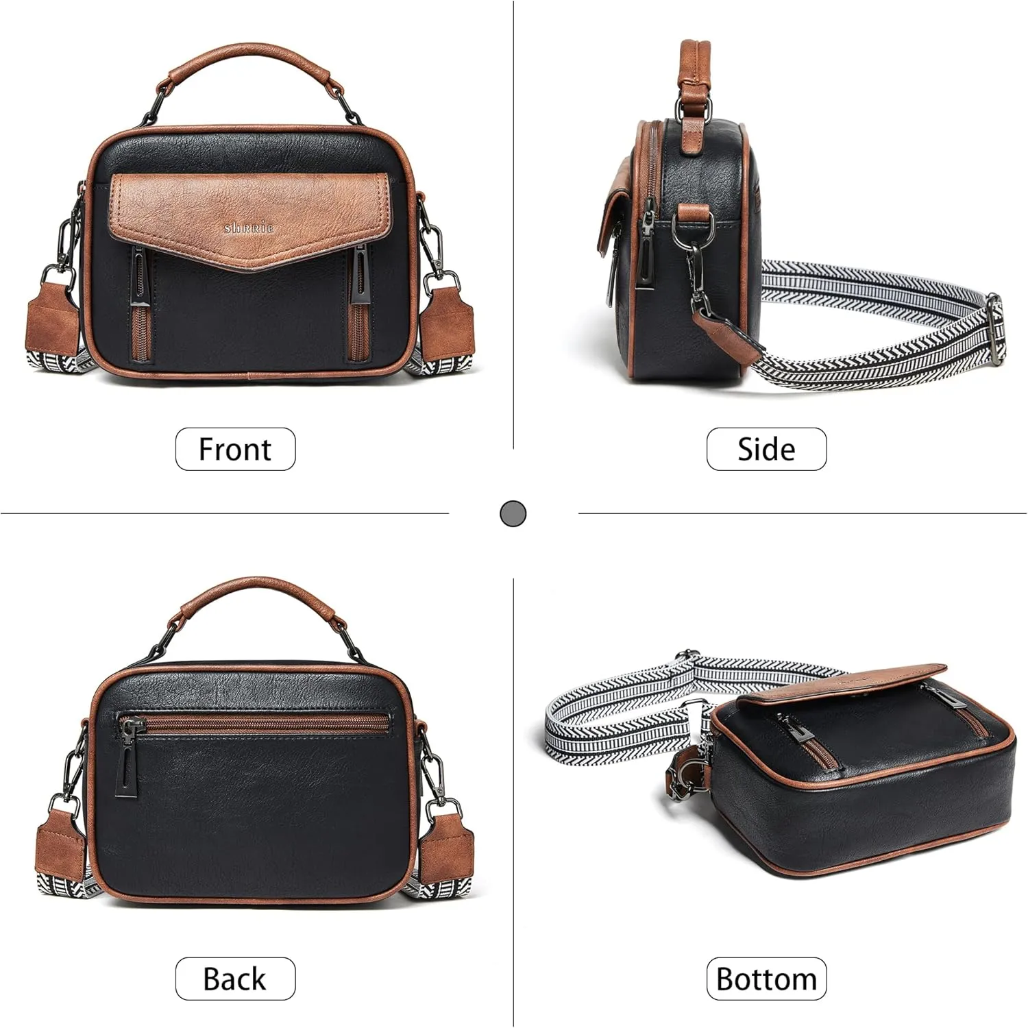 Shrrie Quilted Crossbody Bags for Women - Vegan Leather Crossbody Purses Triple Pocket Small Purses for Women Wide Strap