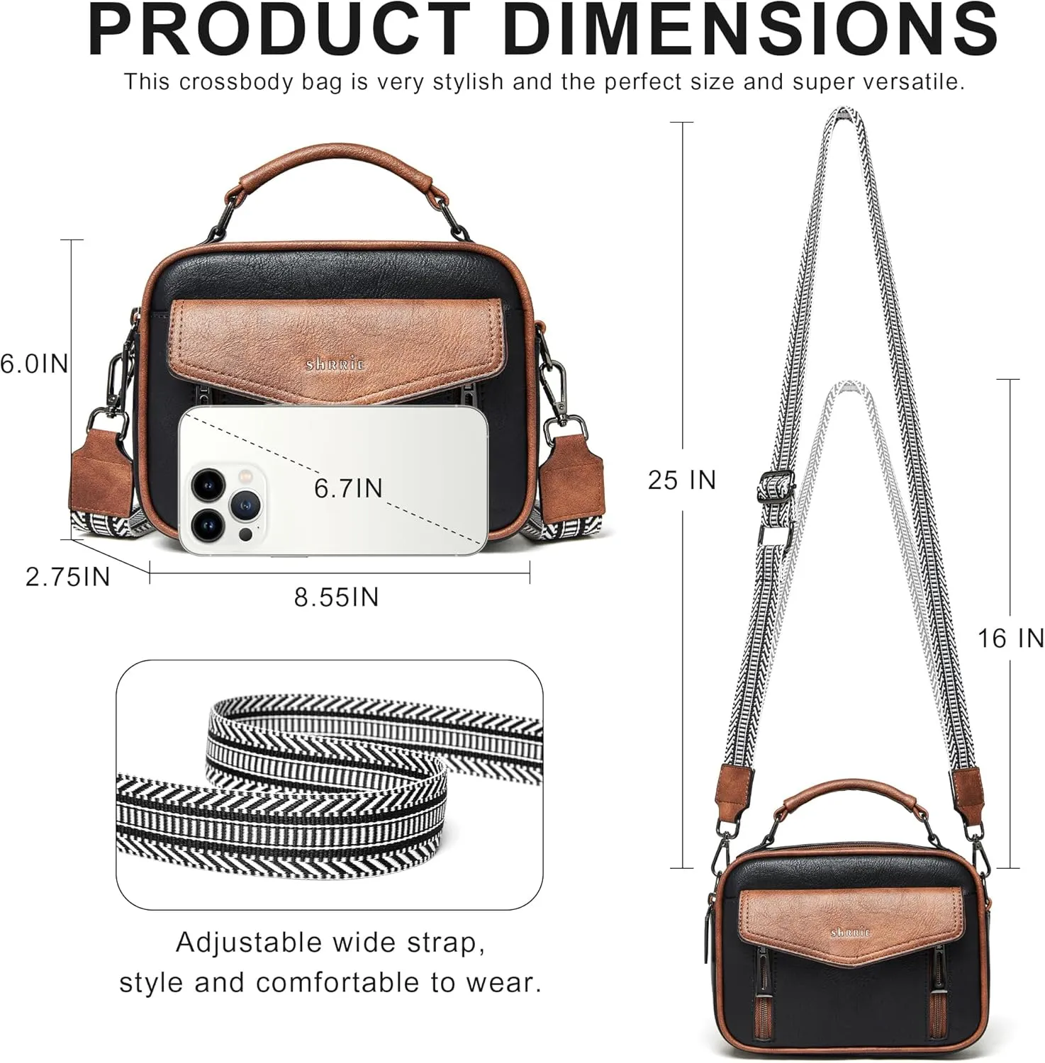 Shrrie Quilted Crossbody Bags for Women - Vegan Leather Crossbody Purses Triple Pocket Small Purses for Women Wide Strap