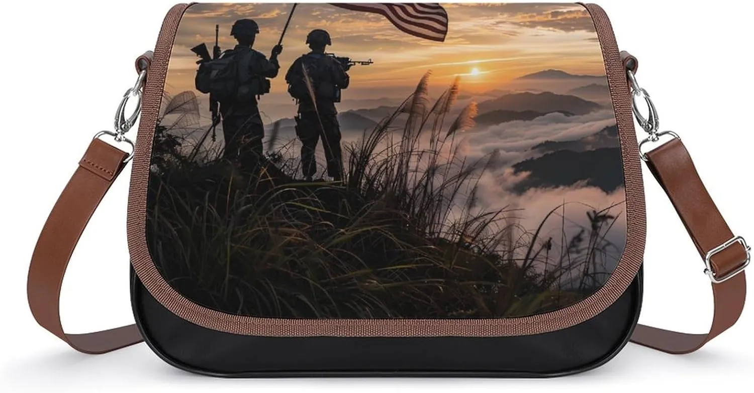 Silhouette of Soldiers with American Flag Crossbody Bags for Women Trendy Shoulder Satchel Purses Messenger Bag