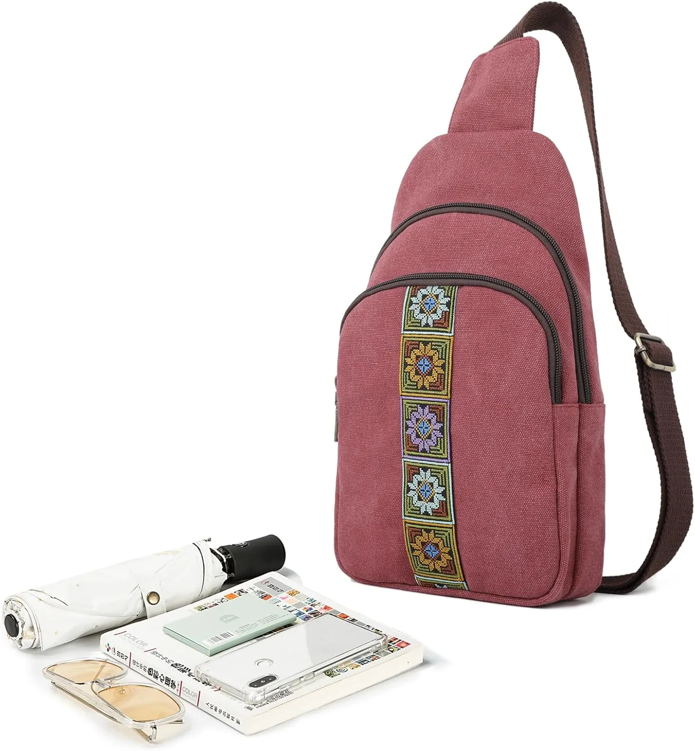 SILKAREA Canvas Sling Bag for Wome Crossbody Purse Small Sling Backpack Purse Travel Hiking Chest Bag Daypack