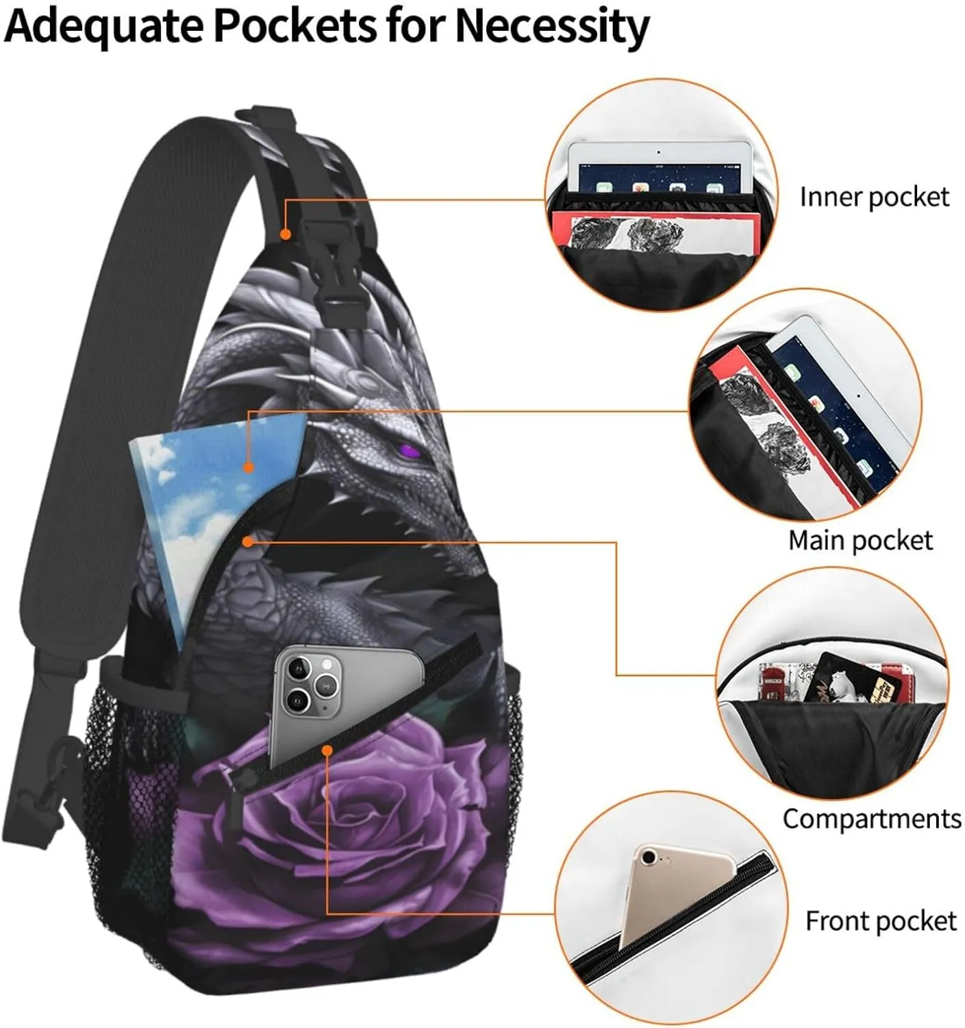 Silver Dragon Rose 1 Crossbody Chest Bag for Women Men, Daypack Sling Backpack for Travel Sport Running Hiking
