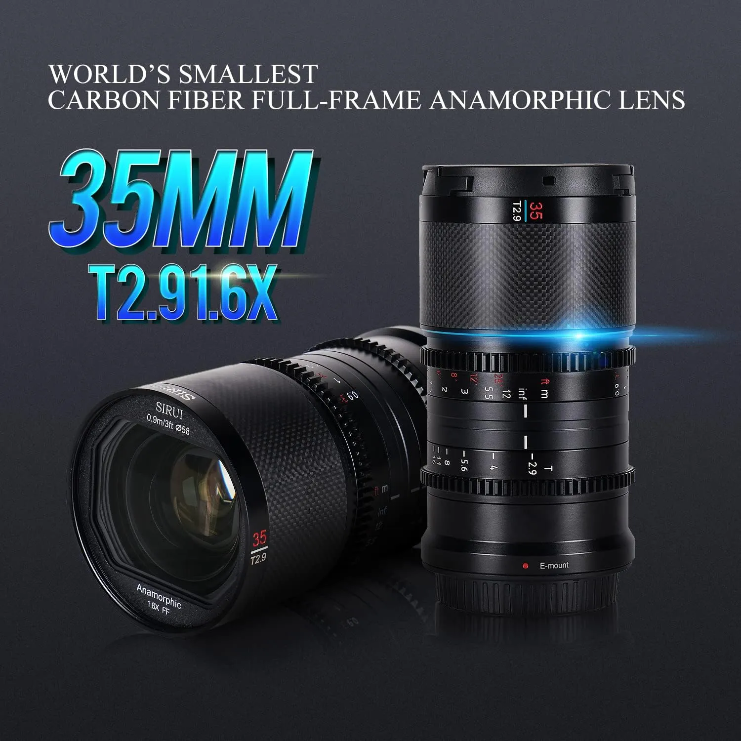 SIRUI Saturn 35mm T2.9 1.6X Full Frame Carbon Fiber Anamorphic Lens, Cine Lens for E Mount Cameras, 418g (Neutral Flare)