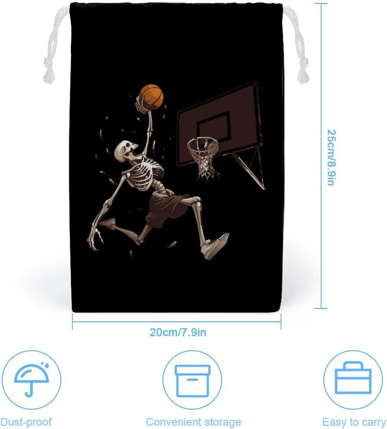 Skeleton Basketball Slam Dunk Drawstring Storage Bag Small String Bag Makeup Bag for Home Travel 20 * 25cm