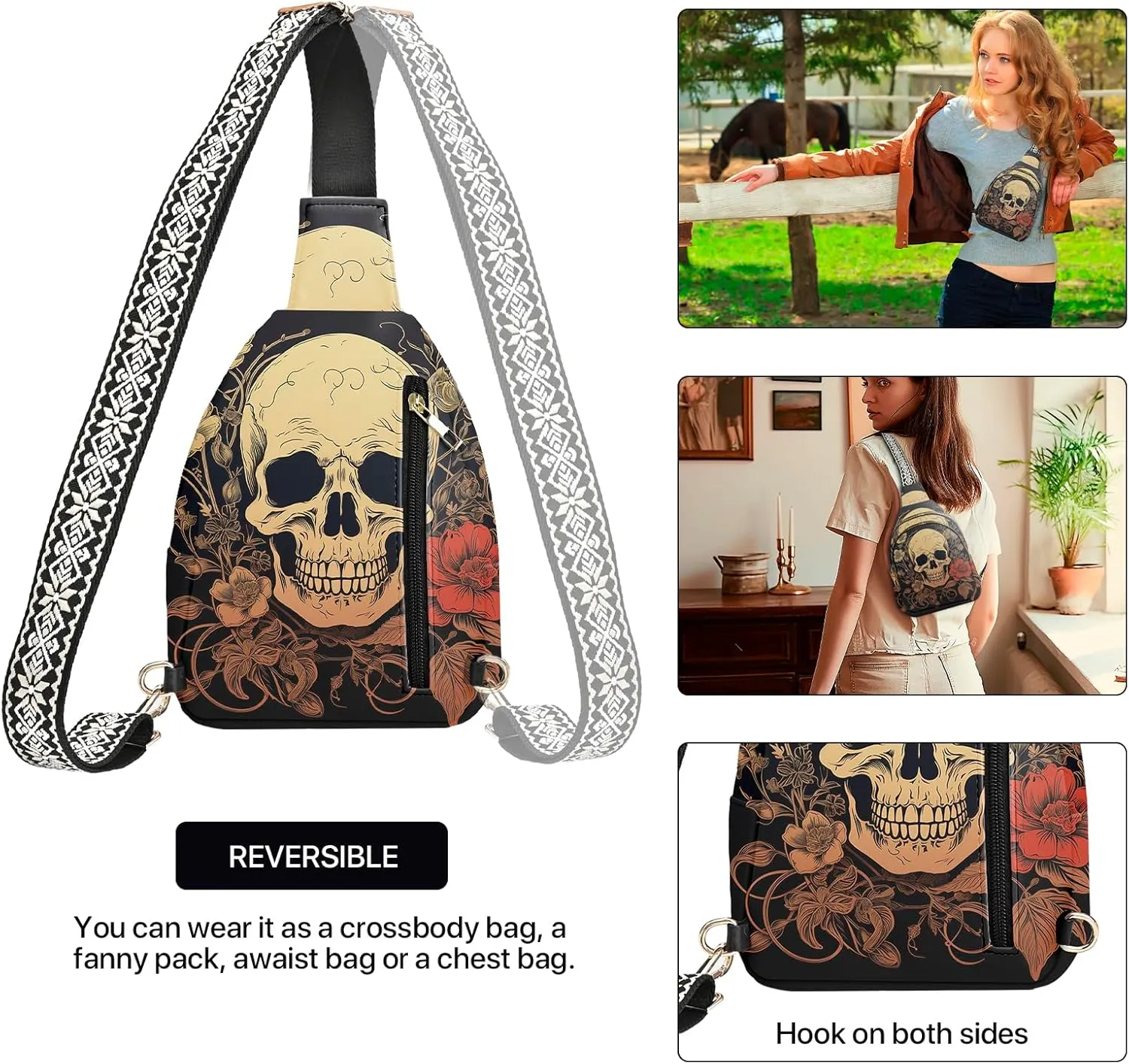 Skull Leather Sling Bag Small Crossbody Backpack Travel Shoulder Pack Hiking chest Daypack for Women Adjustable Lightweight Outdoor Waterproof Workout