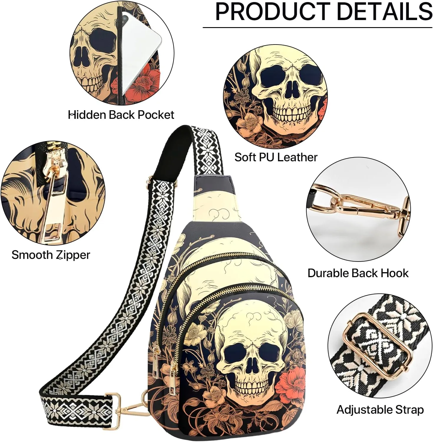 Skull Leather Sling Bag Small Crossbody Backpack Travel Shoulder Pack Hiking chest Daypack for Women Adjustable Lightweight Outdoor Waterproof Workout