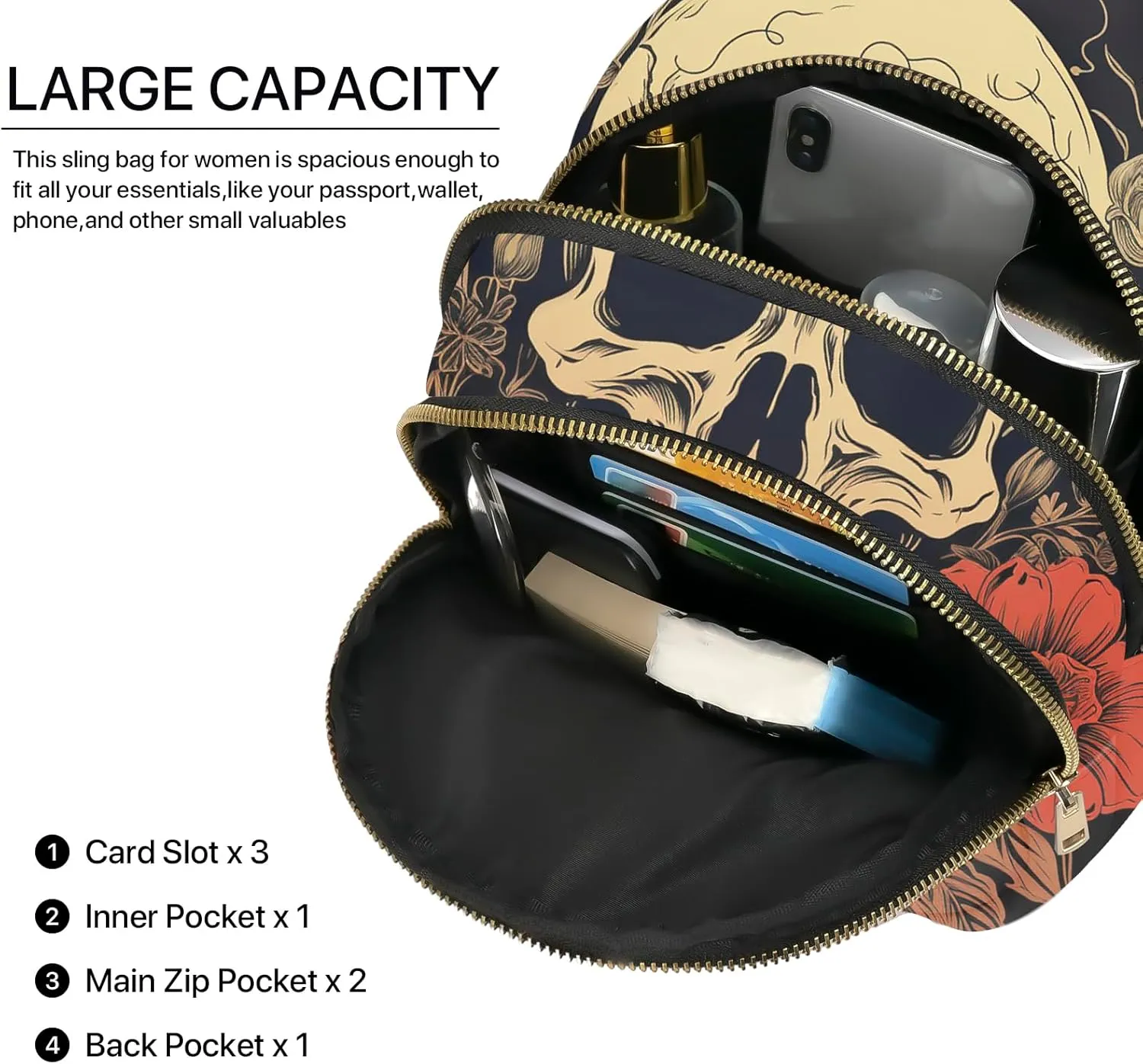 Skull Leather Sling Bag Small Crossbody Backpack Travel Shoulder Pack Hiking chest Daypack for Women Adjustable Lightweight Outdoor Waterproof Workout