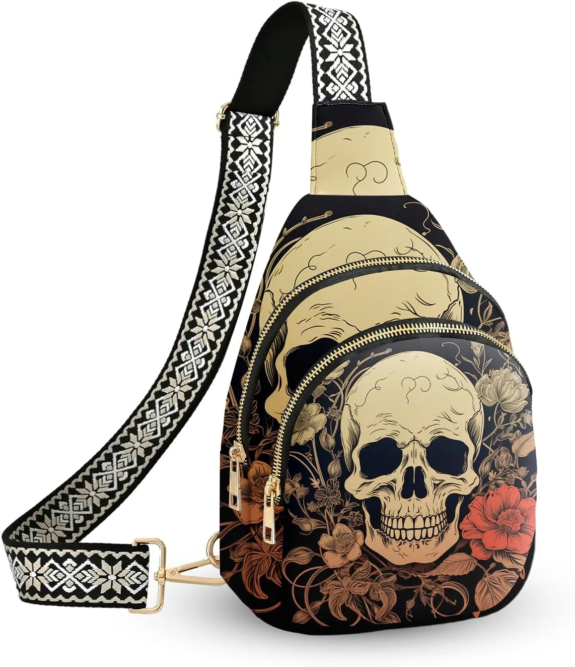 Skull Leather Sling Bag Small Crossbody Backpack Travel Shoulder Pack Hiking chest Daypack for Women Adjustable Lightweight Outdoor Waterproof Workout