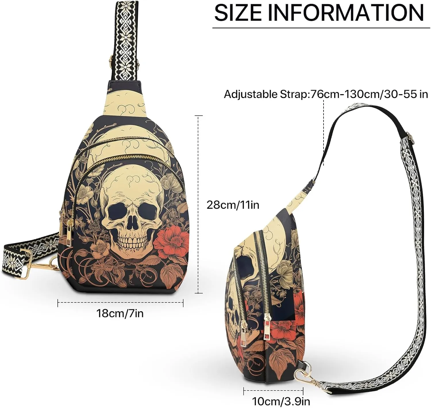 Skull Leather Sling Bag Small Crossbody Backpack Travel Shoulder Pack Hiking chest Daypack for Women Adjustable Lightweight Outdoor Waterproof Workout