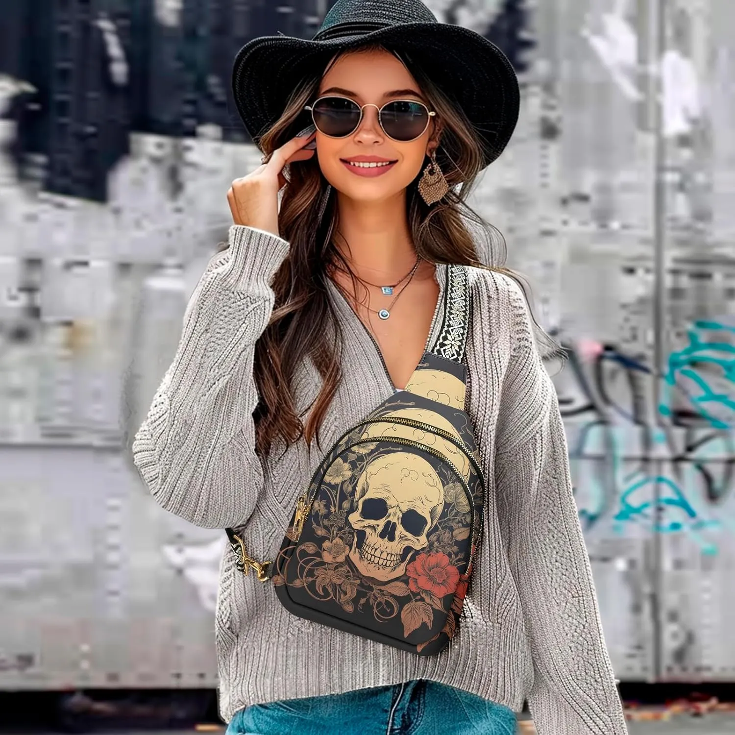 Skull Leather Sling Bag Small Crossbody Backpack Travel Shoulder Pack Hiking chest Daypack for Women Adjustable Lightweight Outdoor Waterproof Workout