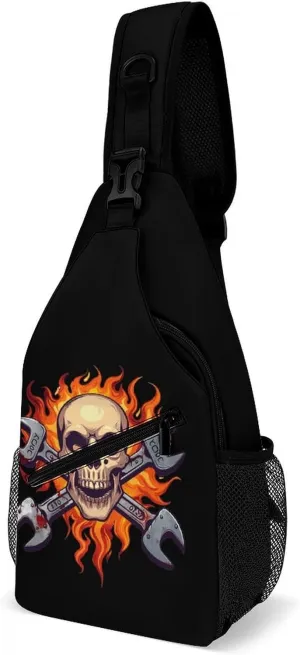 Skull Wrench Flames Mechanic Sling Backpack Crossbody Chest Bag Print Shoulder Bag Travel Daypack for Sports Running Hiking