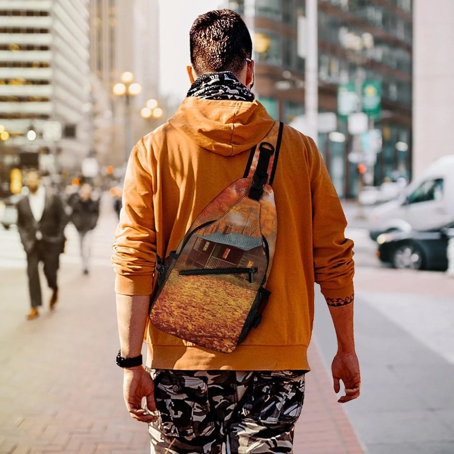 Sling Backpack Crossbody for Man Woman Autumn Woods Cabin Cross Body Adjustable Chest Bag