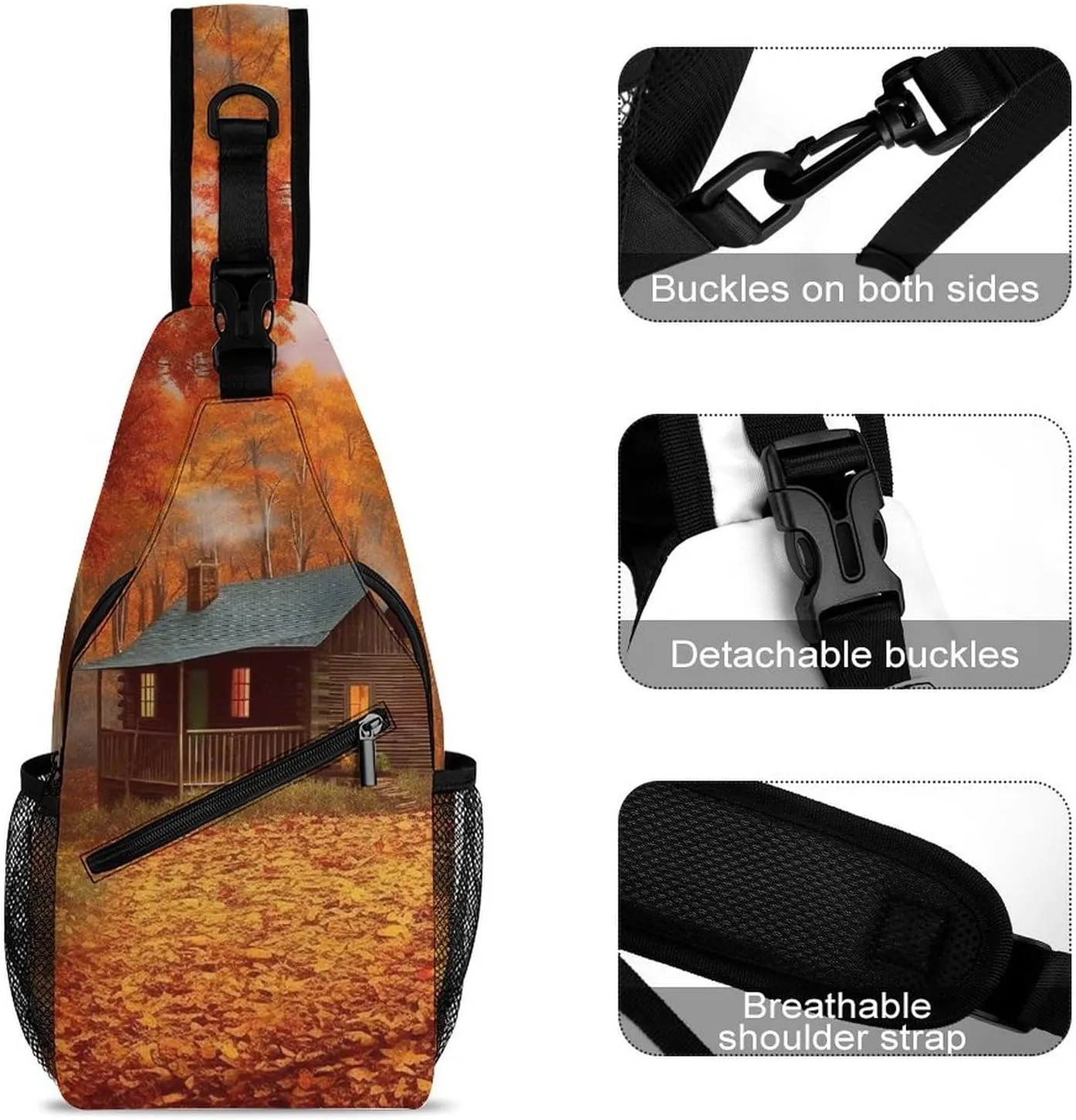 Sling Backpack Crossbody for Man Woman Autumn Woods Cabin Cross Body Adjustable Chest Bag