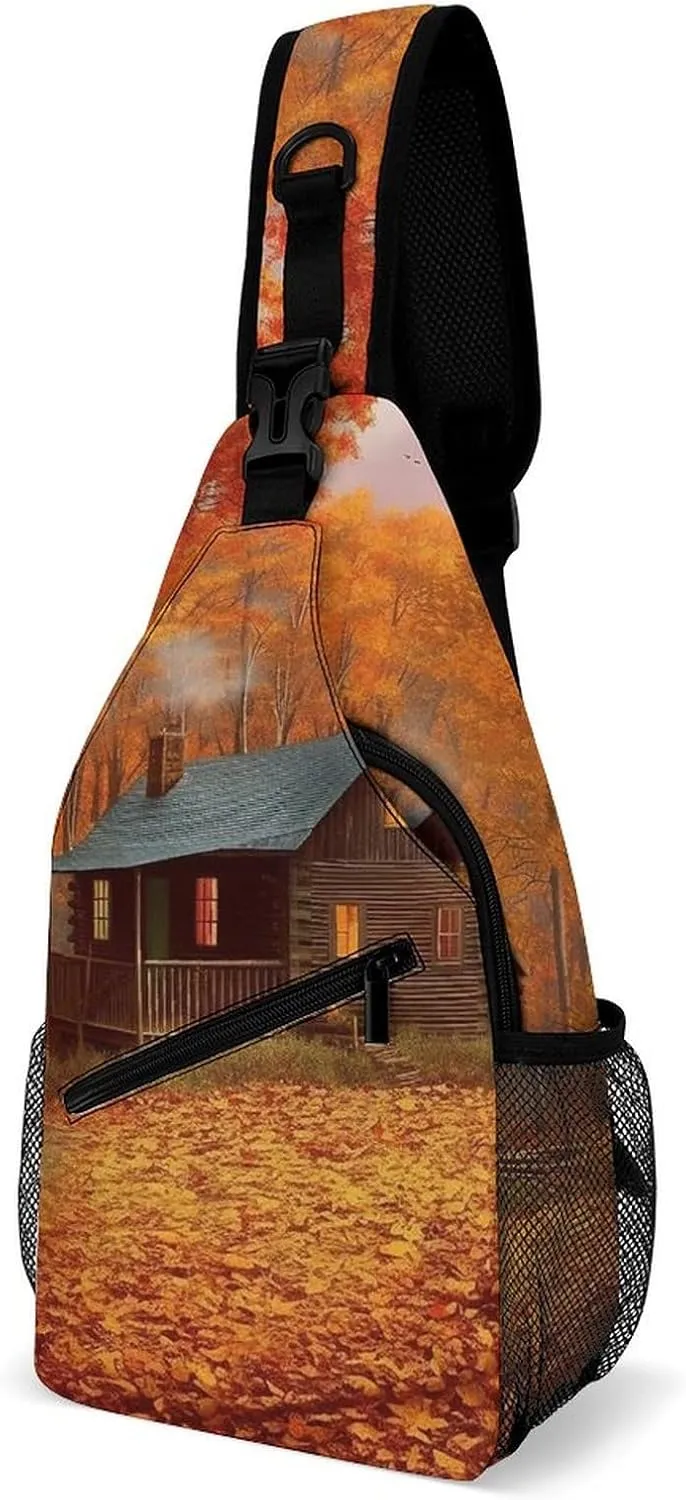 Sling Backpack Crossbody for Man Woman Autumn Woods Cabin Cross Body Adjustable Chest Bag