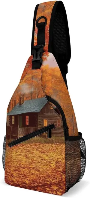 Sling Backpack Crossbody for Man Woman Autumn Woods Cabin Cross Body Adjustable Chest Bag