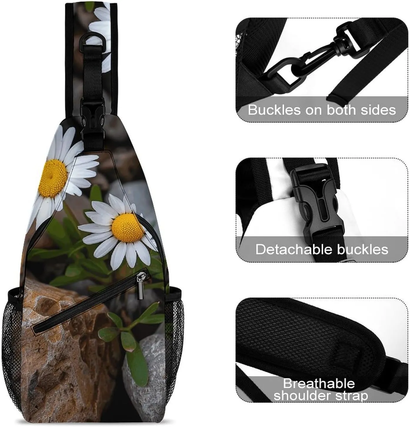 Sling Backpack Crossbody for Man Woman Daisies And Rocks Cross Body Adjustable Chest Bag