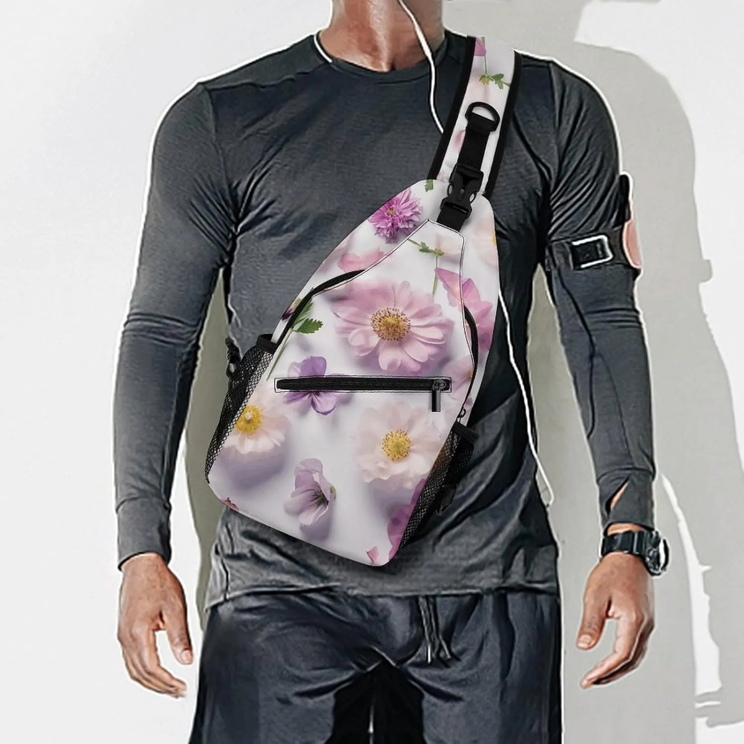 Sling Backpack Crossbody for Man Woman Flower Pattern Cross Body Adjustable Chest Bag