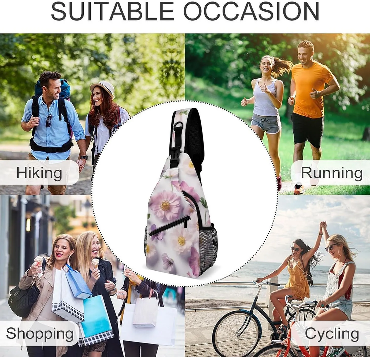 Sling Backpack Crossbody for Man Woman Flower Pattern Cross Body Adjustable Chest Bag