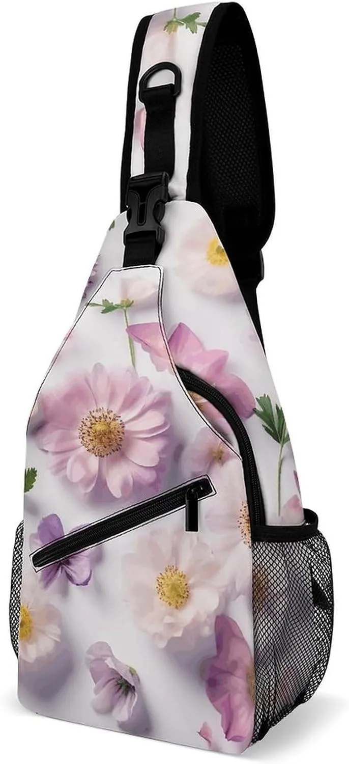 Sling Backpack Crossbody for Man Woman Flower Pattern Cross Body Adjustable Chest Bag