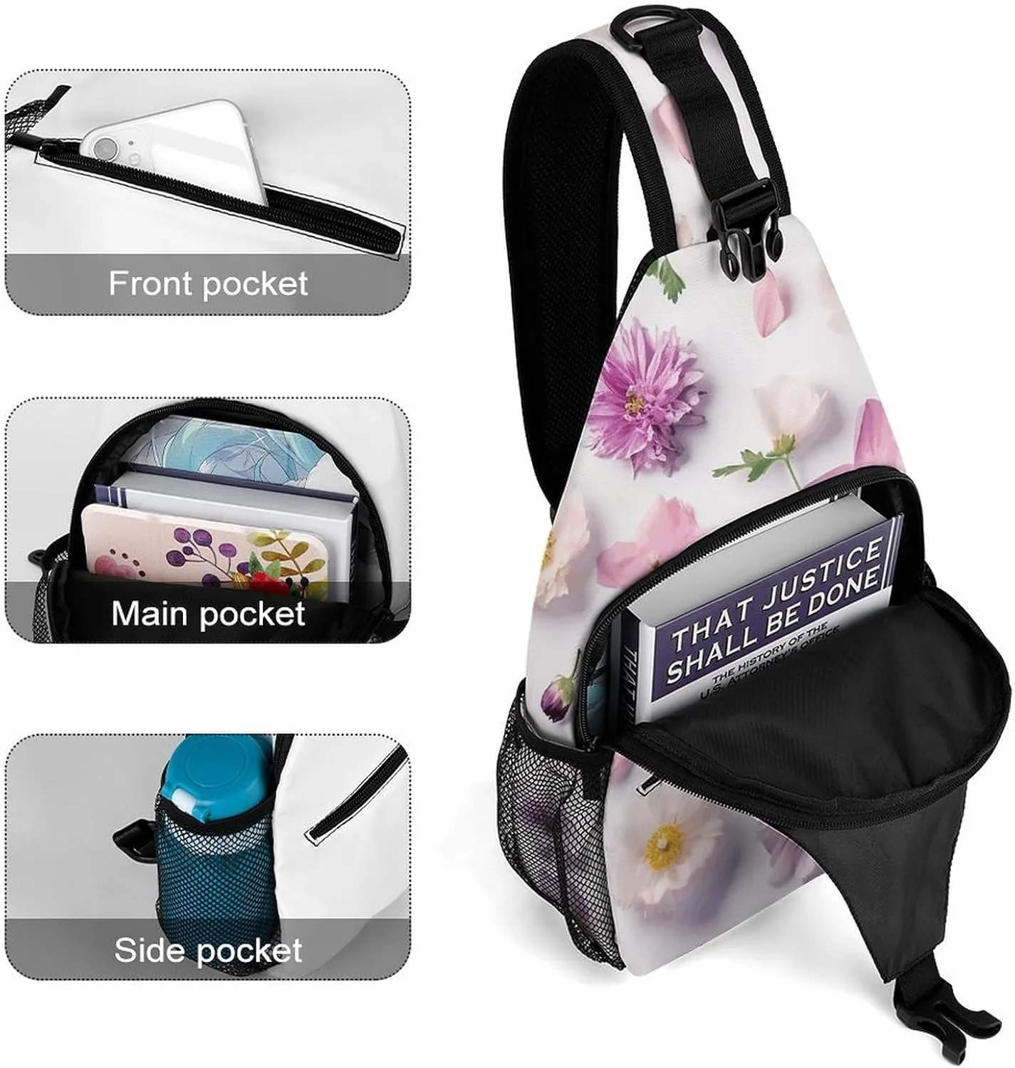 Sling Backpack Crossbody for Man Woman Flower Pattern Cross Body Adjustable Chest Bag