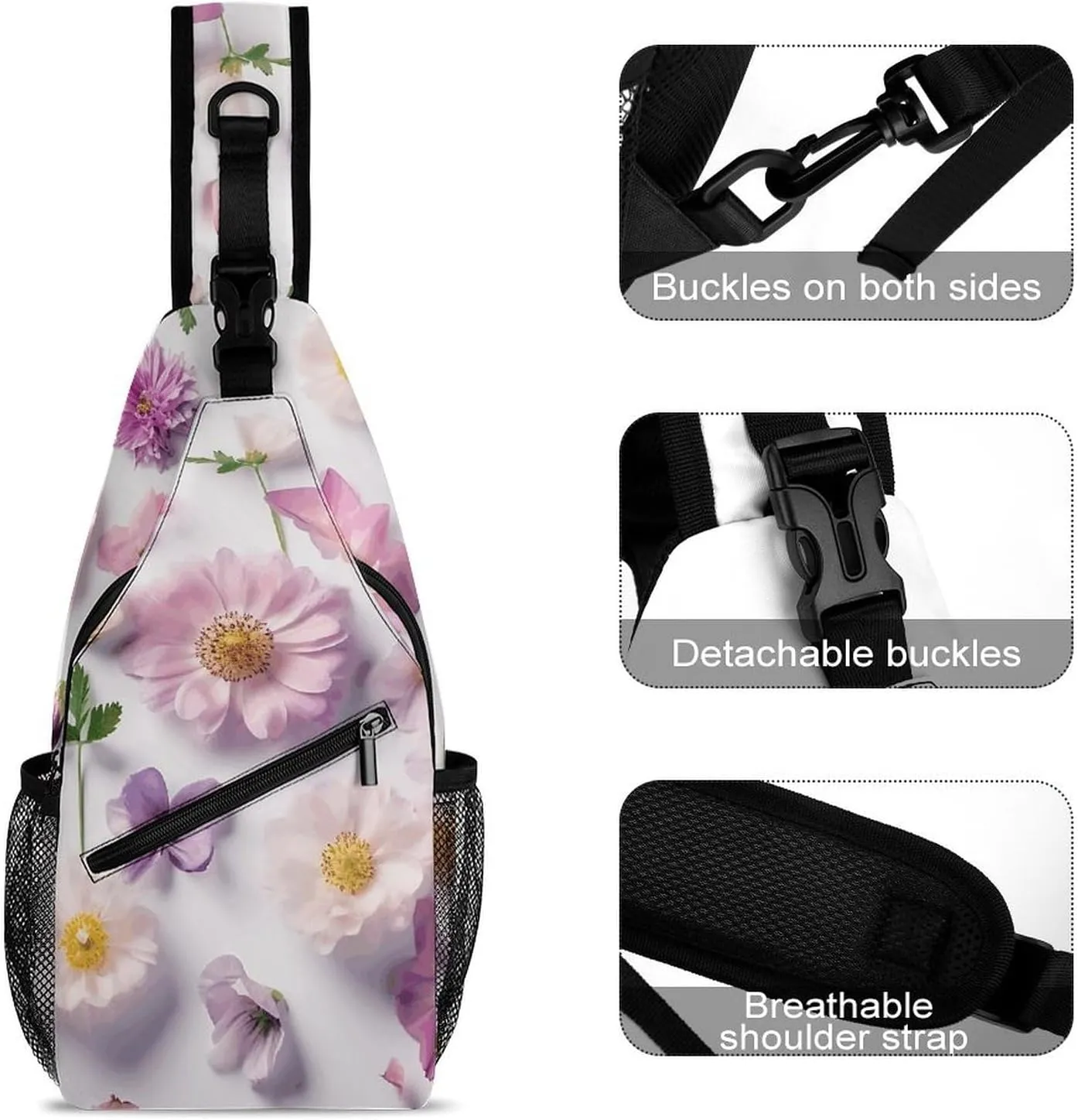 Sling Backpack Crossbody for Man Woman Flower Pattern Cross Body Adjustable Chest Bag