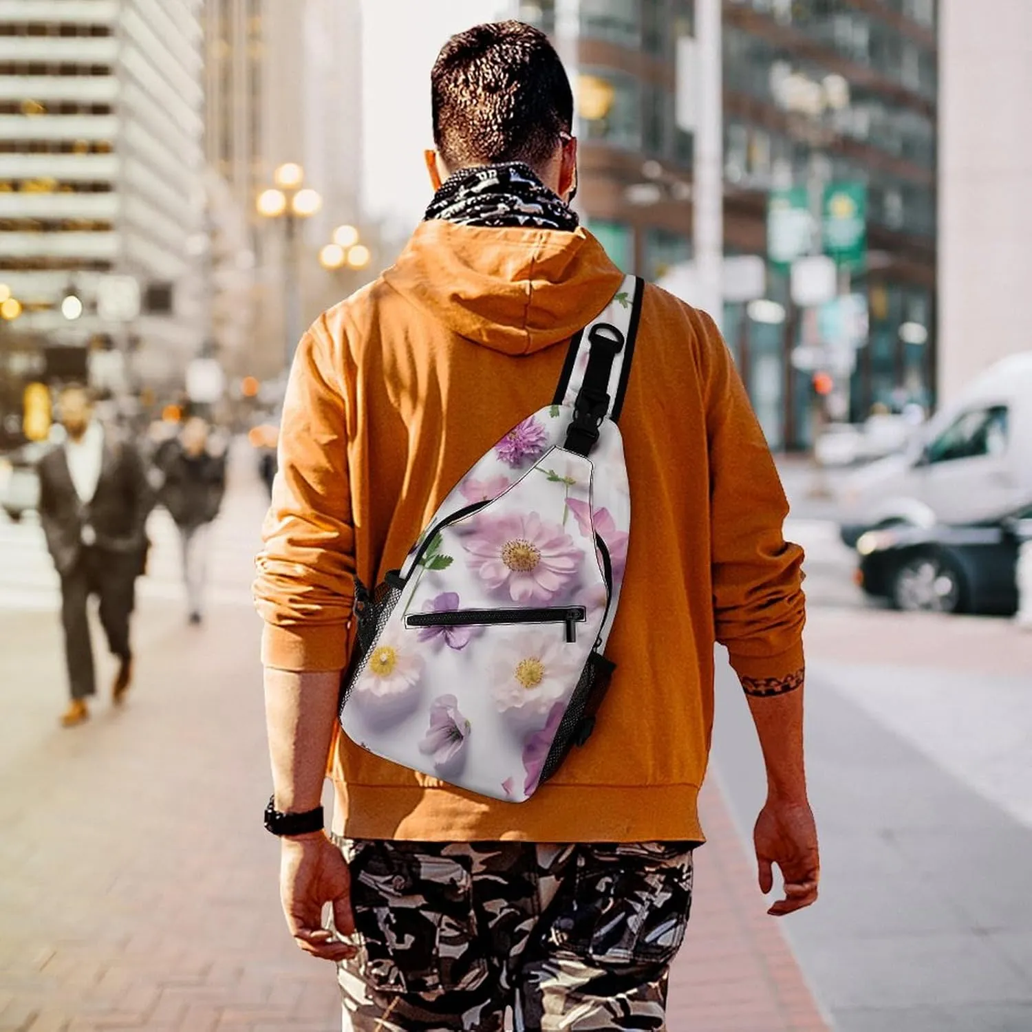 Sling Backpack Crossbody for Man Woman Flower Pattern Cross Body Adjustable Chest Bag