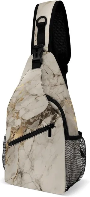 Sling Backpack Crossbody for Man Woman Golden Marble Texture Cross Body Adjustable Chest Bag