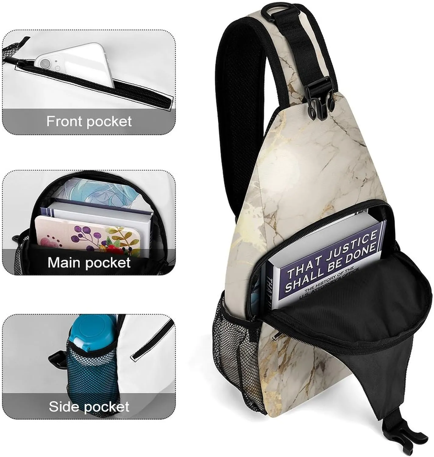 Sling Backpack Crossbody for Man Woman Golden Marble Texture Cross Body Adjustable Chest Bag