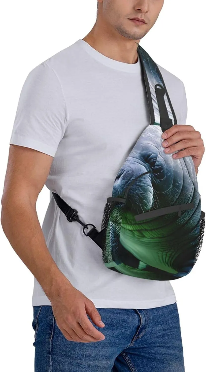 Sling Backpack,Men Cross Chest Bag Diagonally,Durable Adjustable Outdoor Cycling Travel Bag,Manatee Animals Calf Print