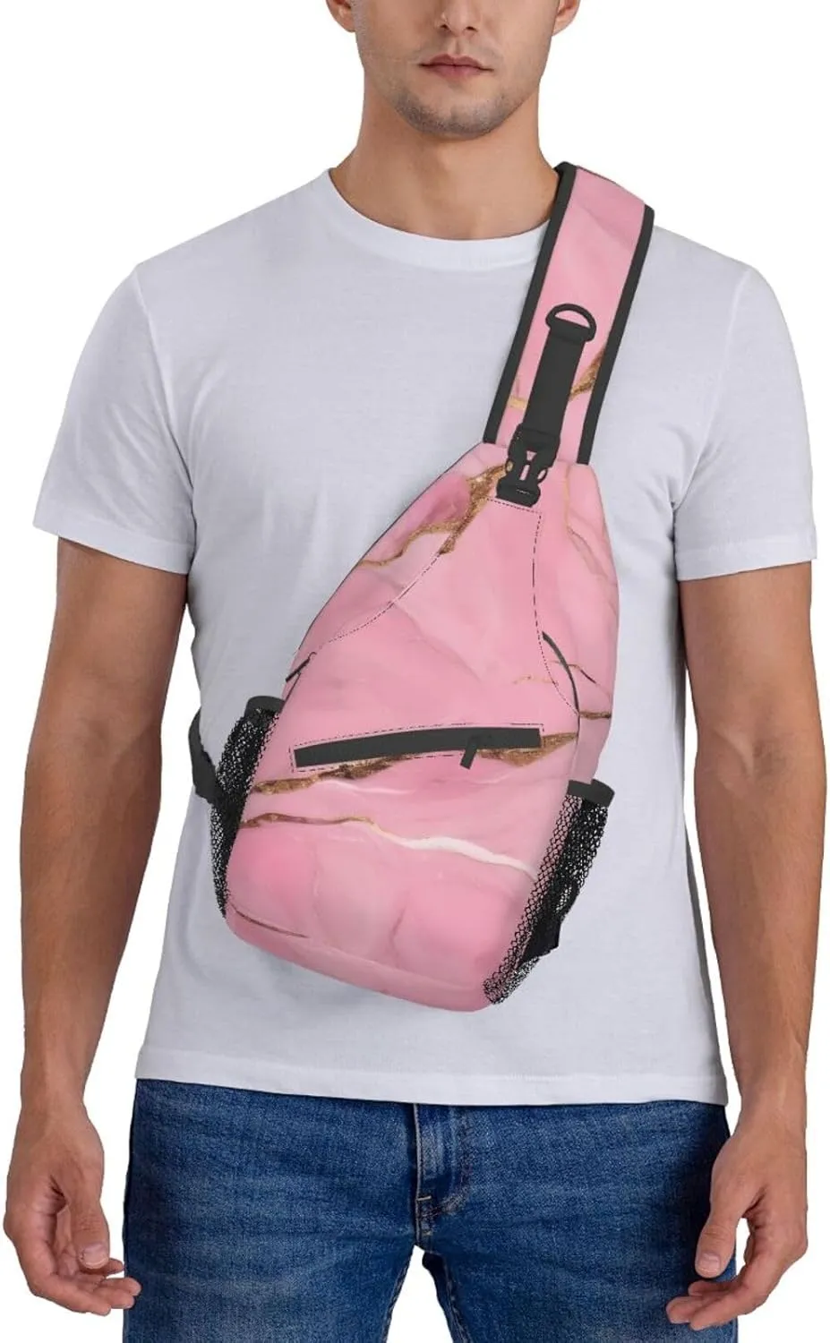 Sling Backpack,Men Cross Chest Bag Diagonally,Durable Adjustable Outdoor Cycling Travel Bag,Pink Marble Texture Print
