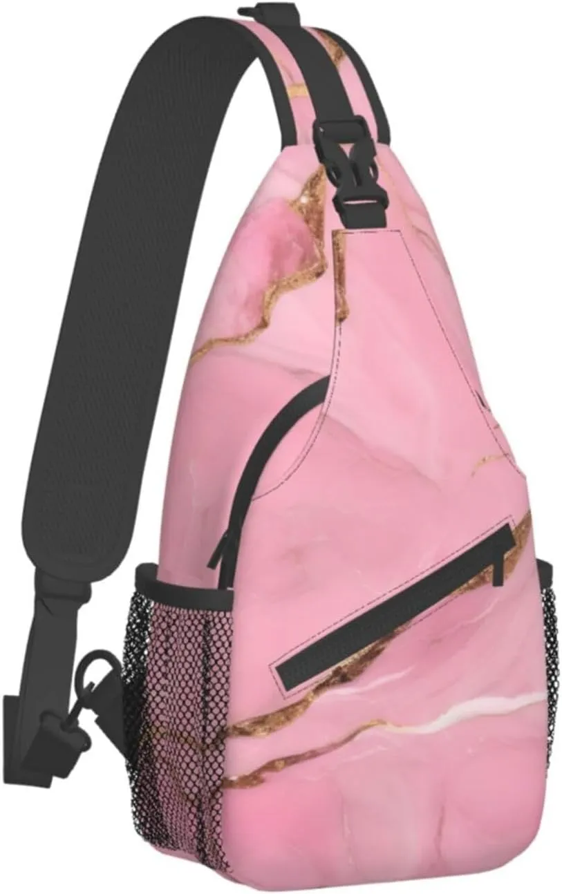 Sling Backpack,Men Cross Chest Bag Diagonally,Durable Adjustable Outdoor Cycling Travel Bag,Pink Marble Texture Print