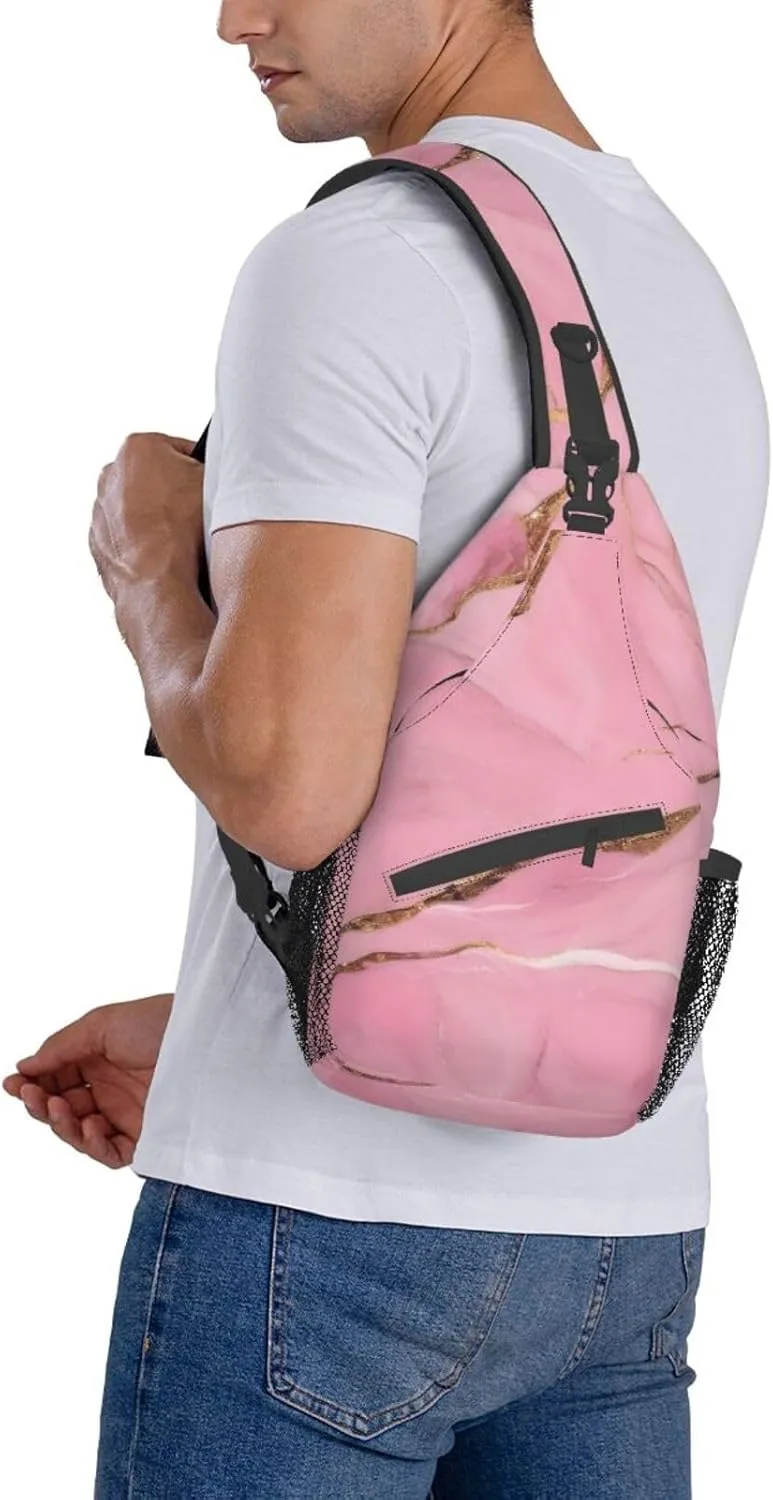 Sling Backpack,Men Cross Chest Bag Diagonally,Durable Adjustable Outdoor Cycling Travel Bag,Pink Marble Texture Print