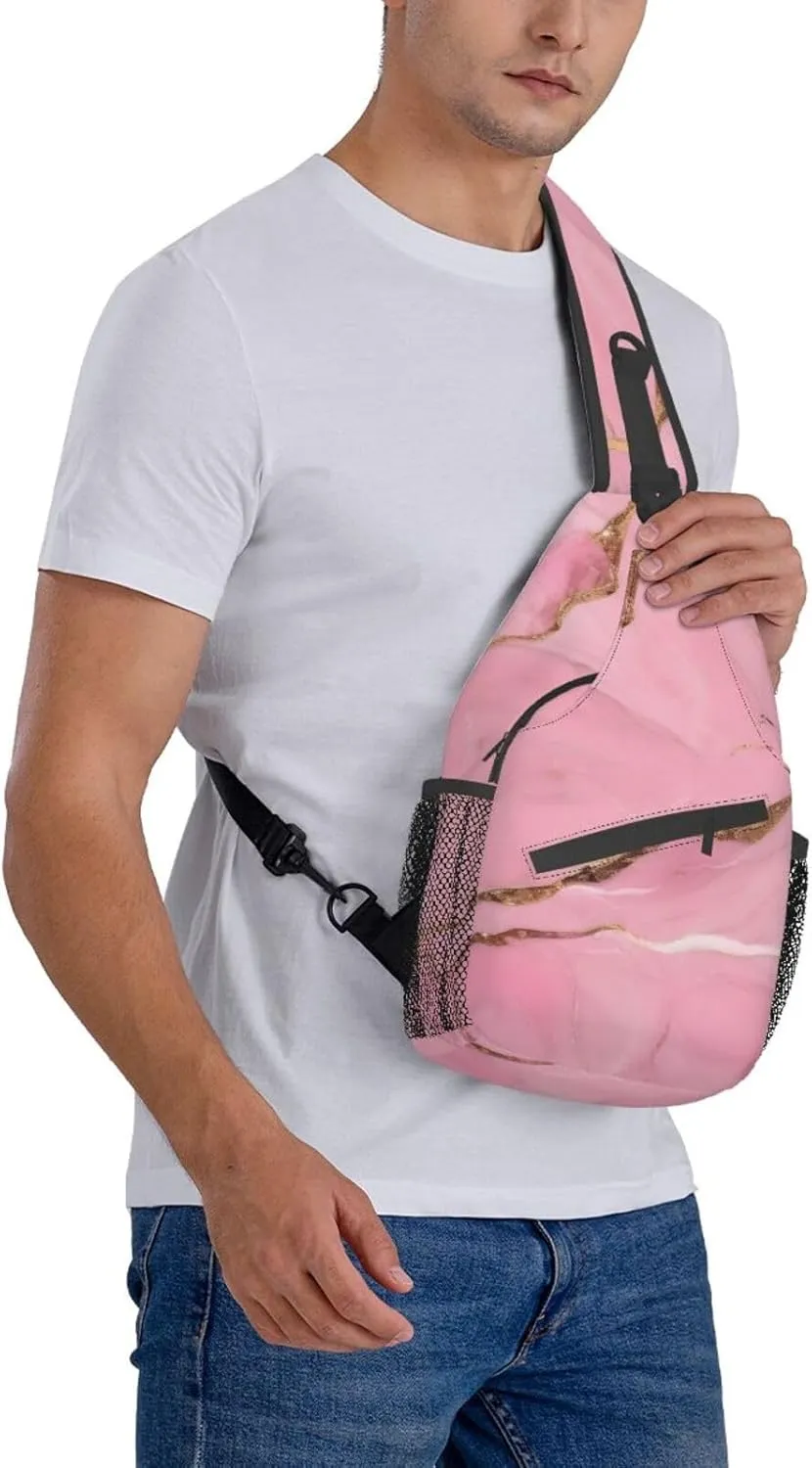 Sling Backpack,Men Cross Chest Bag Diagonally,Durable Adjustable Outdoor Cycling Travel Bag,Pink Marble Texture Print