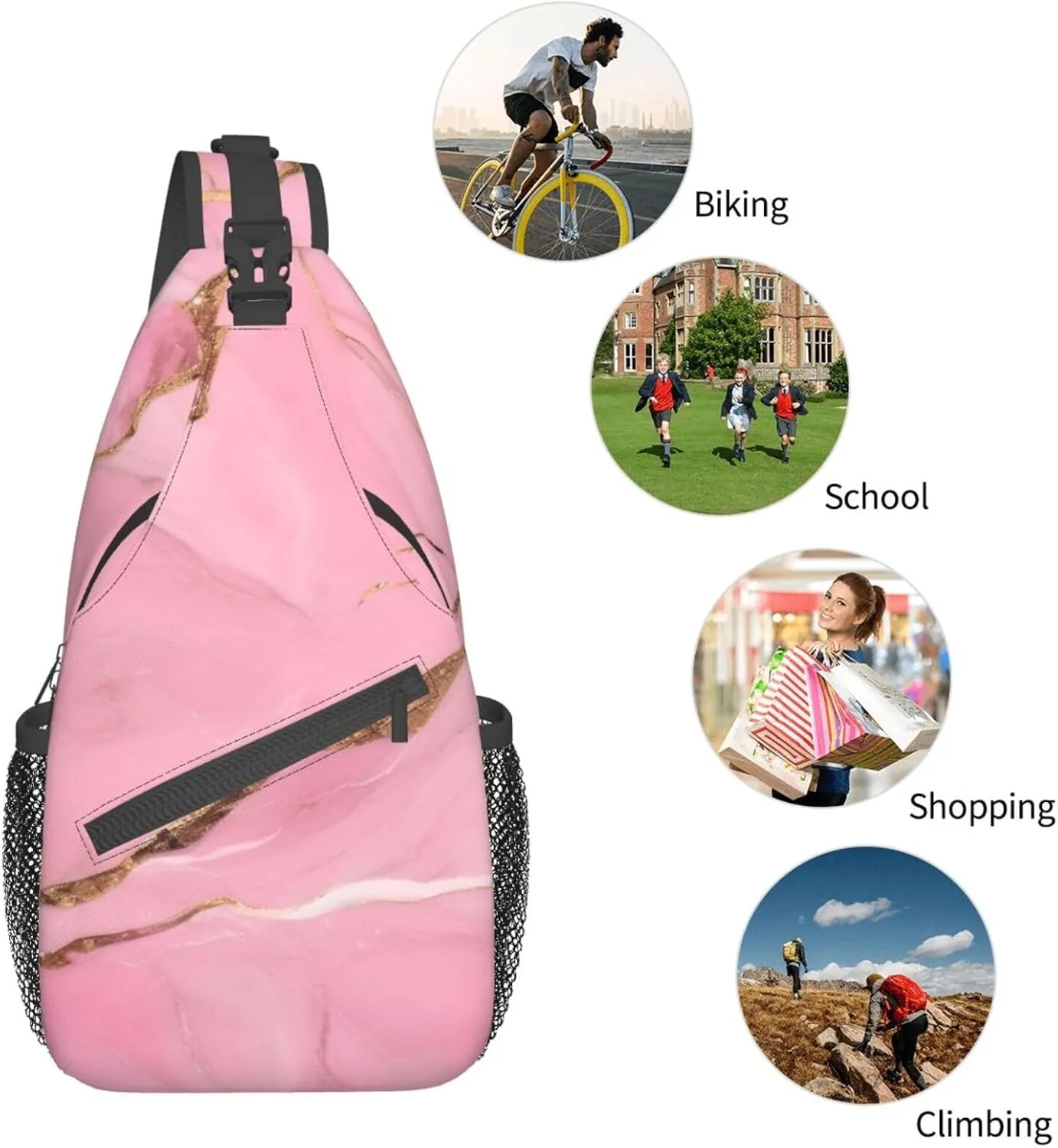 Sling Backpack,Men Cross Chest Bag Diagonally,Durable Adjustable Outdoor Cycling Travel Bag,Pink Marble Texture Print