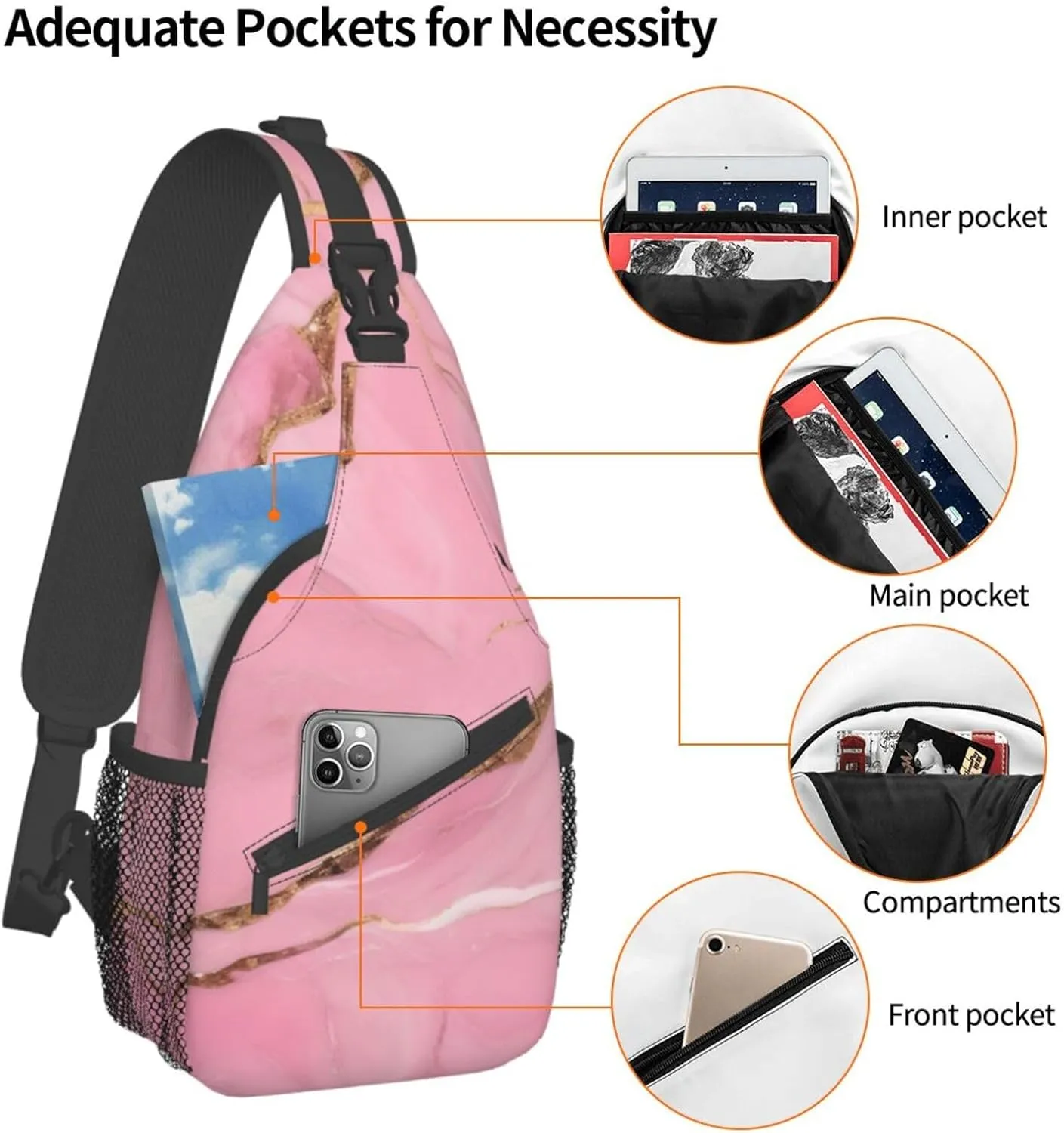 Sling Backpack,Men Cross Chest Bag Diagonally,Durable Adjustable Outdoor Cycling Travel Bag,Pink Marble Texture Print