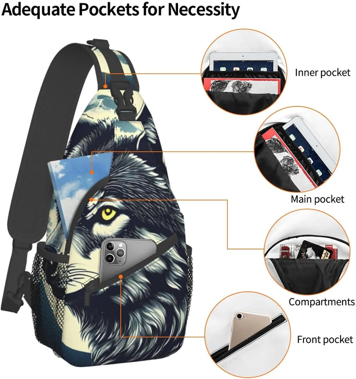 Sling Backpack,Men Cross Chest Bag Diagonally,Durable Adjustable Outdoor Cycling Travel Bag,Wolf Night Moon Print