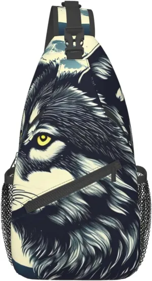 Sling Backpack,Men Cross Chest Bag Diagonally,Durable Adjustable Outdoor Cycling Travel Bag,Wolf Night Moon Print