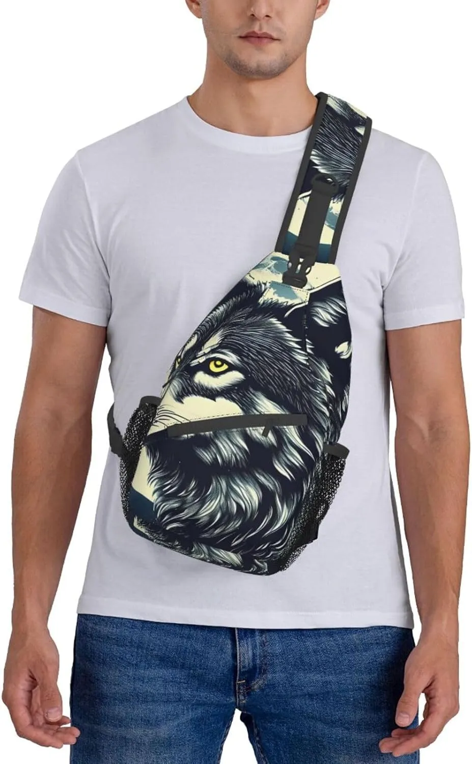 Sling Backpack,Men Cross Chest Bag Diagonally,Durable Adjustable Outdoor Cycling Travel Bag,Wolf Night Moon Print