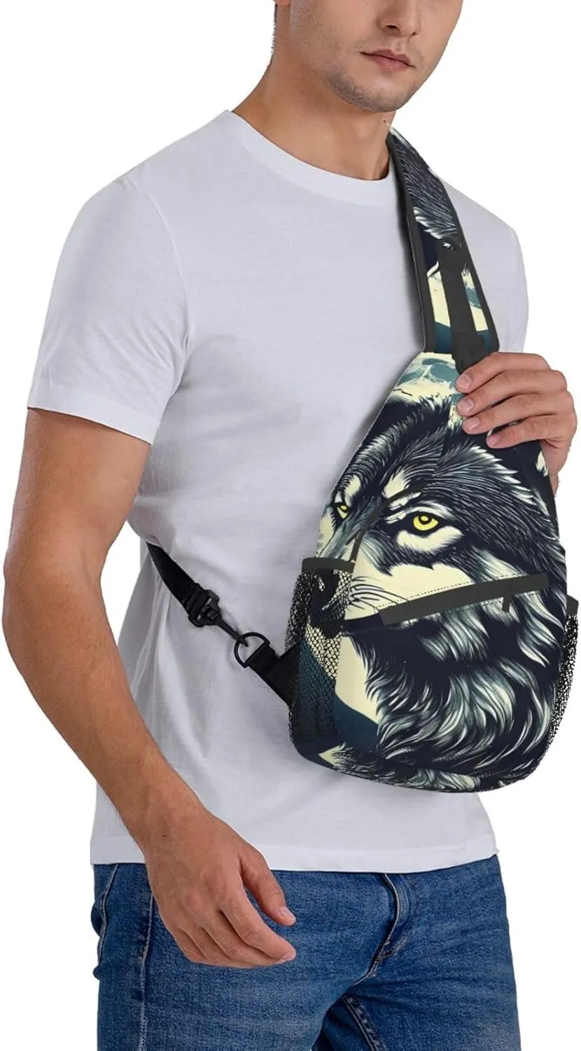 Sling Backpack,Men Cross Chest Bag Diagonally,Durable Adjustable Outdoor Cycling Travel Bag,Wolf Night Moon Print