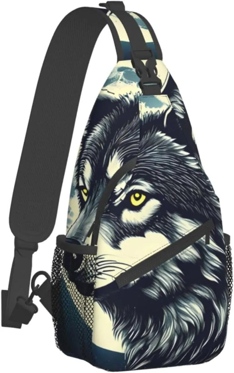 Sling Backpack,Men Cross Chest Bag Diagonally,Durable Adjustable Outdoor Cycling Travel Bag,Wolf Night Moon Print