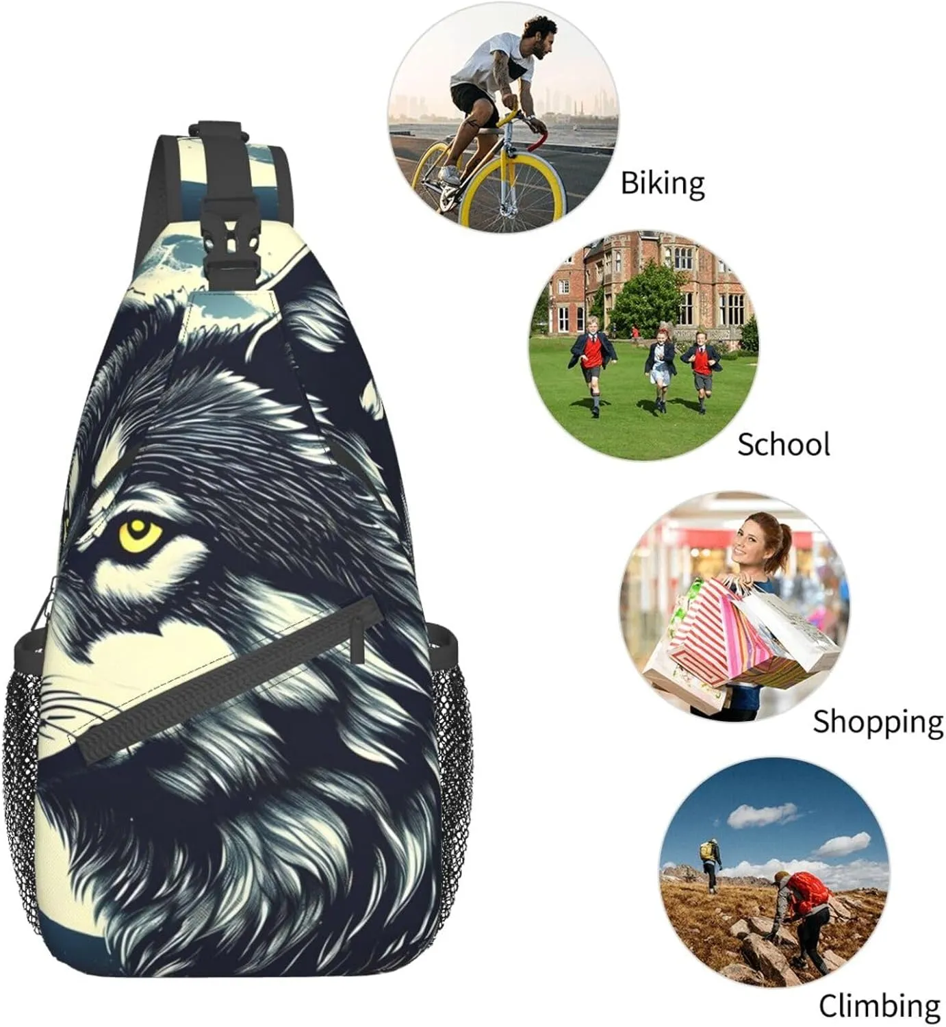 Sling Backpack,Men Cross Chest Bag Diagonally,Durable Adjustable Outdoor Cycling Travel Bag,Wolf Night Moon Print