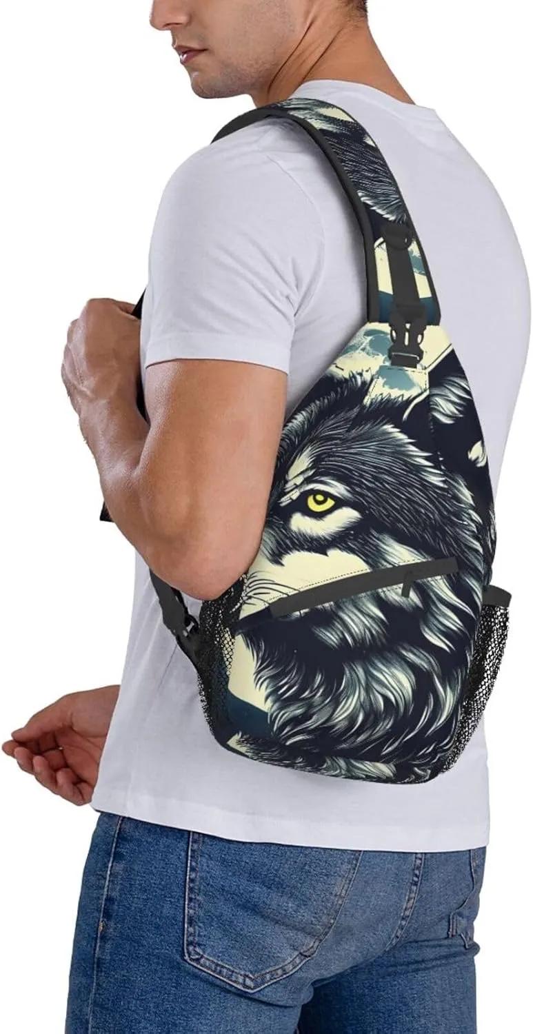 Sling Backpack,Men Cross Chest Bag Diagonally,Durable Adjustable Outdoor Cycling Travel Bag,Wolf Night Moon Print